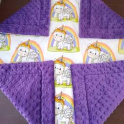 "Unicorn Baby Blanket, Purple Minky Dot, Cotton Fabric - 32"" X 32" - thumbnail 3