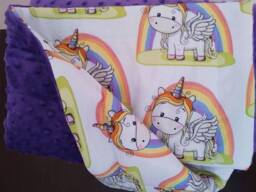 "Unicorn Baby Blanket, Purple Minky Dot, Cotton Fabric - 32"" X 32"