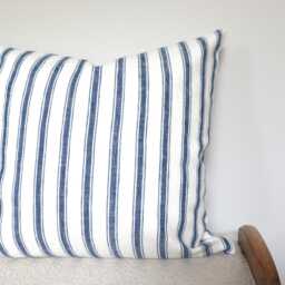 White Ticking Stripes Organic Linen Throw Pillow Cover - Coastal, Maritime, Minimalist, Nursery, Beach House, Large, Square Cushion - thumbnail 2