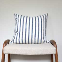 White Ticking Stripes Organic Linen Throw Pillow Cover - Coastal, Maritime, Minimalist, Nursery, Beach House, Large, Square Cushion - thumbnail 1