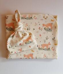 Organic Swaddle & Newborn Hat Set. Girl Take Home Fawn Baby Shower Gift. Photo Prop