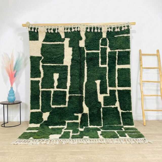 Forest Green & Cream Abstract Geometric Moroccan Rug - Handmade Berber Shag Carpet Large Area Emerald Wool Decor - image 1