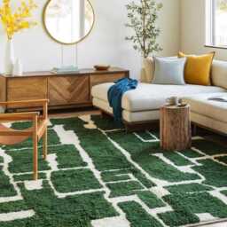 Forest Green & Cream Abstract Geometric Moroccan Rug - Handmade Berber Shag Carpet Large Area Emerald Wool Decor - thumbnail 3