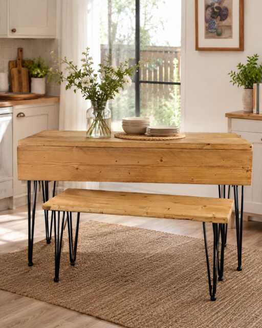 Reclaimed Wood Drop Leaf Table Space Saving Folding Dining Handmade UK Hairpin Kitchen Custom Sizes - image 1