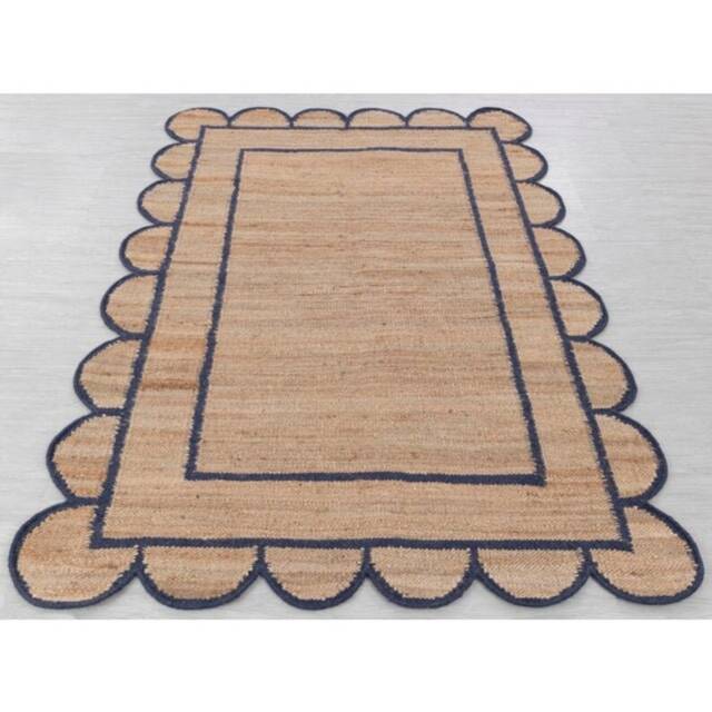 Handwoven Natural Jute Rug, Navy Scalloped Border, Bohemian Style - image 1
