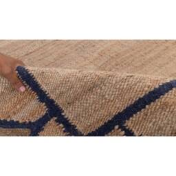 Handwoven Natural Jute Rug, Navy Scalloped Border, Bohemian Style - thumbnail 3