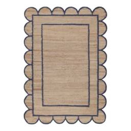 Handwoven Natural Jute Rug, Navy Scalloped Border, Bohemian Style - thumbnail 2