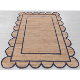 Handwoven Natural Jute Rug, Navy Scalloped Border, Bohemian Style - thumbnail 1