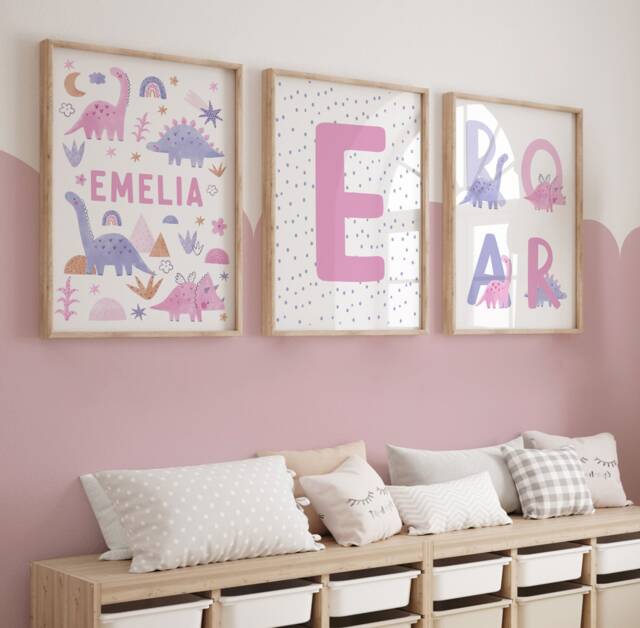 Girls Room Wall Art, Girl Dinosaur Prints, Pink, Purple, Girls Bedroom, Toddler Bedroom, Dinosaur Decor, Kids, Girls Accessories, Girl Wall Decor - image 1