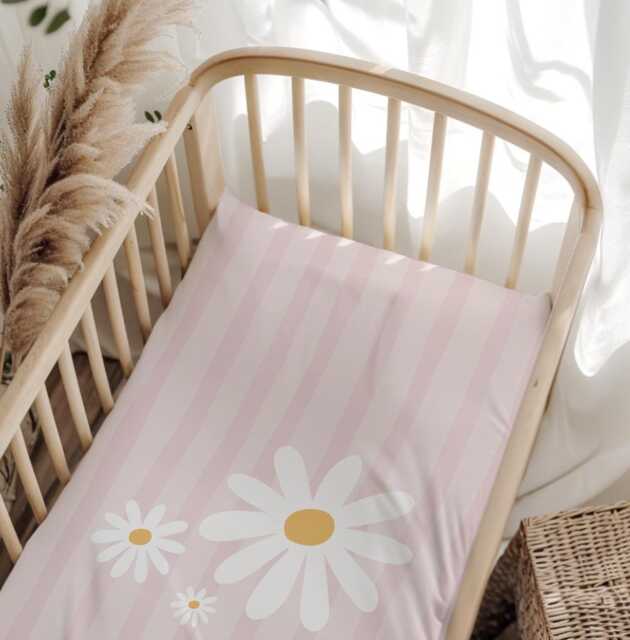 Bedding - Stripes With Daisies Pink, Duvet Cover Set, Fitted Sheets, Pillow Case, Modern Colourful Kids Bedding - image 1