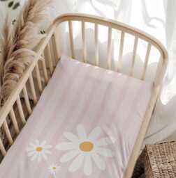 Bedding - Stripes With Daisies Pink, Duvet Cover Set, Fitted Sheets, Pillow Case, Modern Colourful Kids Bedding - thumbnail 1