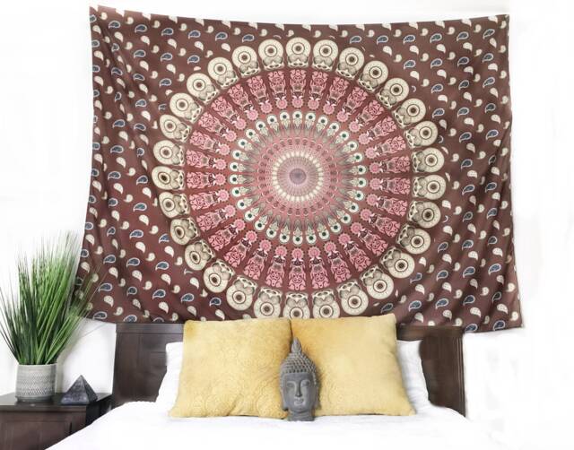 New Peacock Mandala Hippie Psychedelic Wall-Hanging Tapestry, Blue. Large - 80 X 60 Inches - image 1