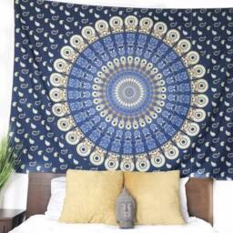 New Peacock Mandala Hippie Psychedelic Wall-Hanging Tapestry, Blue. Large - 80 X 60 Inches - thumbnail 3