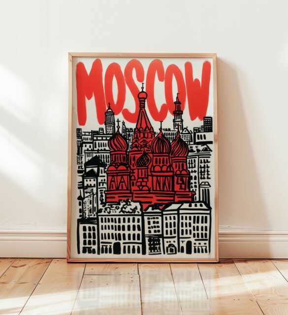 Moscow Poster, Modern Pop Art Print, City Wall Art, Bold Red Typography Artwork, Saint Basil's Cathedral Illustration, Urban Travel Decor - image 1