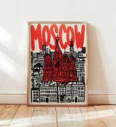 Moscow Poster, Modern Pop Art Print, City Wall Art, Bold Red Typography Artwork, Saint Basil's Cathedral Illustration, Urban Travel Decor - thumbnail 1