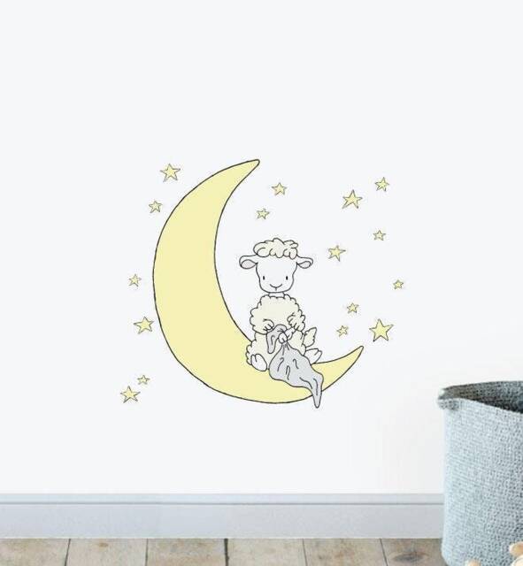 Lamb On The Moon Wall Sticker Decal - Nursery Stickers, Animal Decals, Home Decor, Baby Room, Art, Girl, Boy
