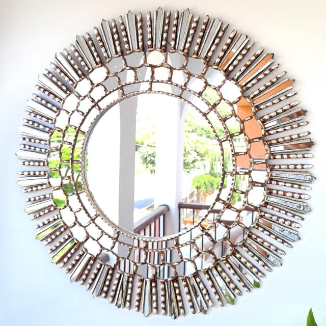 Peruvian Silver Sunburst Mirror 78 cm Handmade Wall Decor - Carved Wood Round Elegant Statement For Living Room Bathroom Entryway - image 1