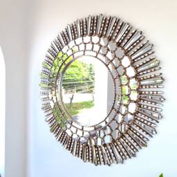 Peruvian Silver Sunburst Mirror 78 cm Handmade Wall Decor - Carved Wood Round Elegant Statement For Living Room Bathroom Entryway - thumbnail 3
