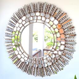 Peruvian Silver Sunburst Mirror 78 cm Handmade Wall Decor - Carved Wood Round Elegant Statement For Living Room Bathroom Entryway