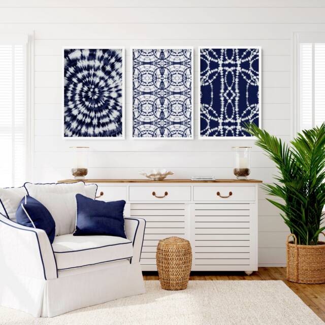 Coastal Trendy Framed Set Of 3 Wall Art Prints For A Hippie Room Summer Beach Themed Decor, Shibori Tie Dye Boho Lake House Decor - image 1