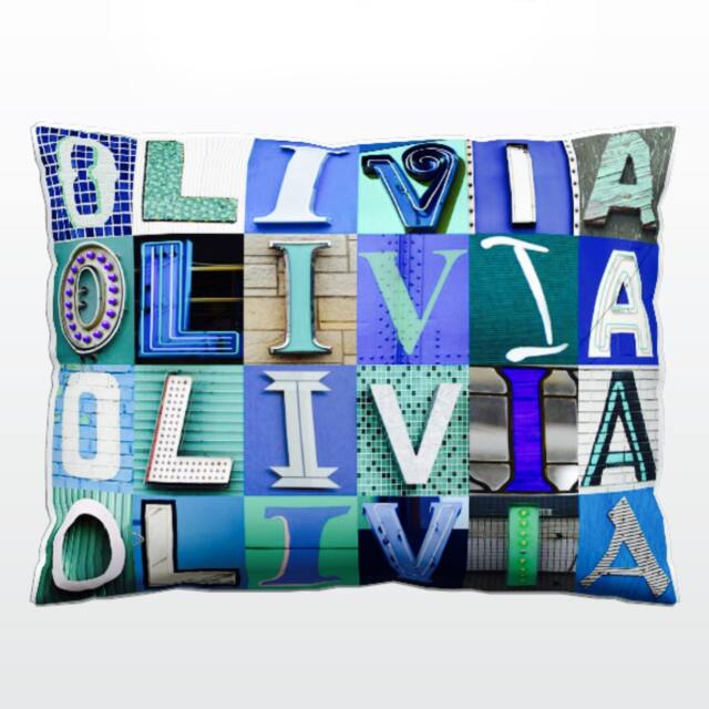 Personalized Pillow Featuring Olivia in Photos Of Blue & Green Sign Letters Couch Cushions Colorful Pillows Photo Pillow Sofa Pillows