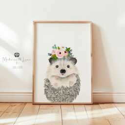 Hedgehog Watercolor Nursery Art, Print, Floral Girl Nursery Wall Art, Flower Crown Hedgehog, Woodland Baby Shower Room Decor - thumbnail 1