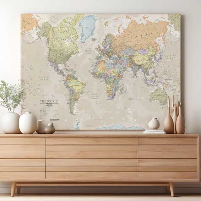 Classic Map Of The World Canvas Print - Free Shipping, Gift For Him, Her, Classic World Map, Wall Decor, Push Pin Map - image 1