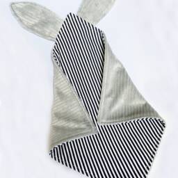 Crinkle Ears Bunny Lovey - Modern Gender Neutral High Contrast Boho Black & White Stripes with Grey Chenille - thumbnail 3