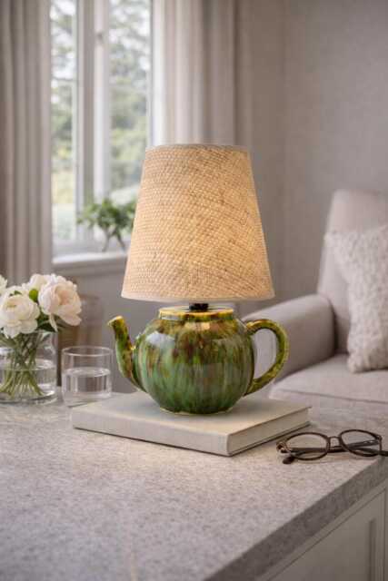 Handmade Pistachio Green Teapot Lamp With Raffia Shade, Boho Cottagecore Bedside Lighting - image 1