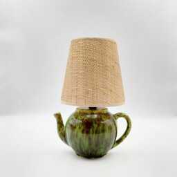 Handmade Pistachio Green Teapot Lamp With Raffia Shade, Boho Cottagecore Bedside Lighting - thumbnail 2