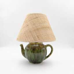 Handmade Pistachio Green Teapot Lamp With Raffia Shade, Boho Cottagecore Bedside Lighting - thumbnail 3