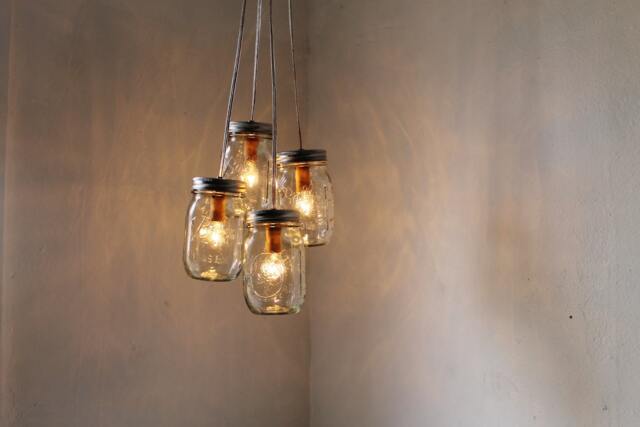 Mason Jar Chandelier, 4 Clustered Jars, Pendant Lighting Fixture, Rustic Upcycled Lights, Bulbs Included, Free Shipping - image 1