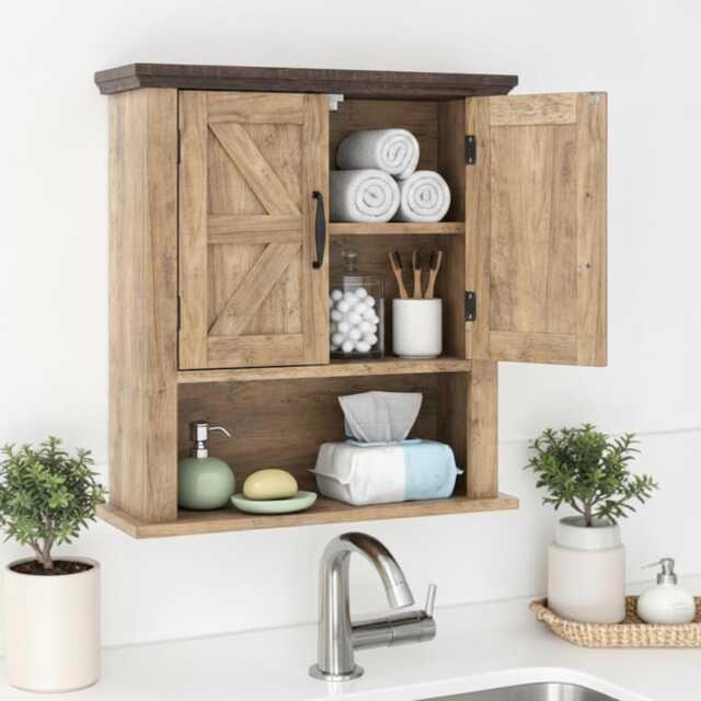Bathroom Wall Mounted Medicine Cabinet Storage Cabinet With Adjustable Shelf, Open Compartment & Double Doors - image 1