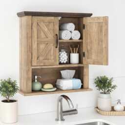 Bathroom Wall Mounted Medicine Cabinet Storage Cabinet With Adjustable Shelf, Open Compartment & Double Doors - thumbnail 1