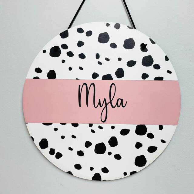 Dalmatian Nursery Decor Sign, Decor, Boys Wall Hanging, Name Round Spots - image 1
