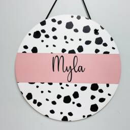 Dalmatian Nursery Decor Sign, Decor, Boys Wall Hanging, Name Round Spots - thumbnail 1