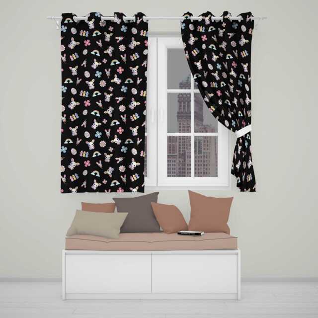 Cute Rainbow Bunny Flower Easter Egg Seamless Pattern Black Background Readymade Eyelet Ring Top Thermal 100% Blackout Curtains - image 1
