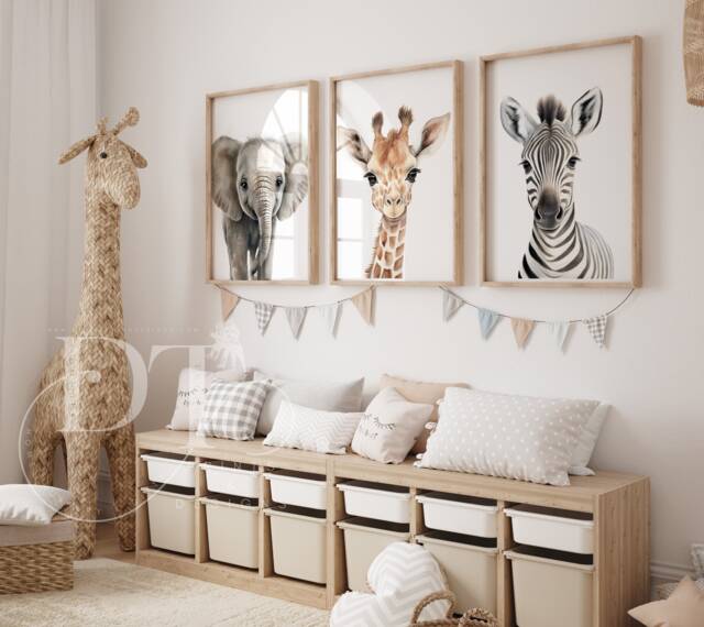 Safari Animal Nursery Prints - Elephant, Giraffe, Zebra Set - image 1