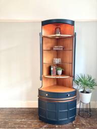 Tall Nathan Mid Century Modern Black Corner Drinks Cabinet - Vintage Cocktail Display Unit - thumbnail 1
