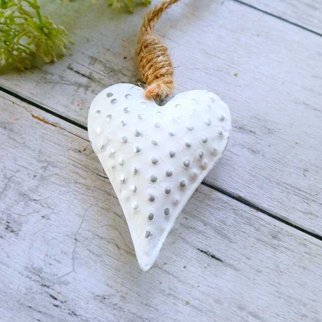 White Metal 3D Hanging Heart Decoration With Silver Dot Detail - Rustic Shabby Wedding Gift Christmas - image 1