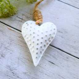 White Metal 3D Hanging Heart Decoration With Silver Dot Detail - Rustic Shabby Wedding Gift Christmas - thumbnail 1