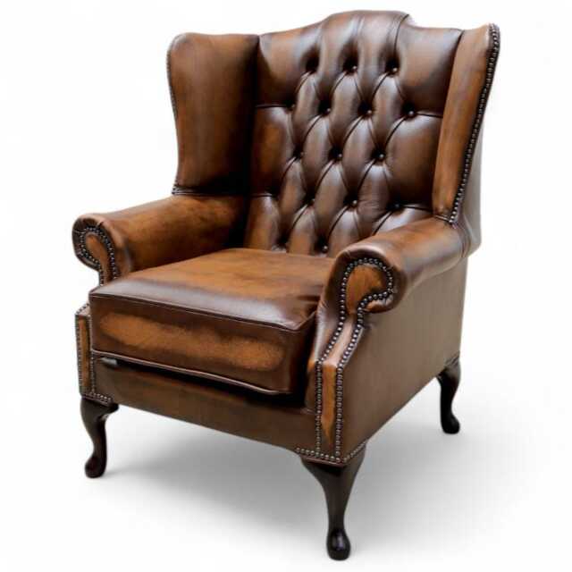 Handmade Chesterfield Leather Wing Chair - Antique Tan - image 1