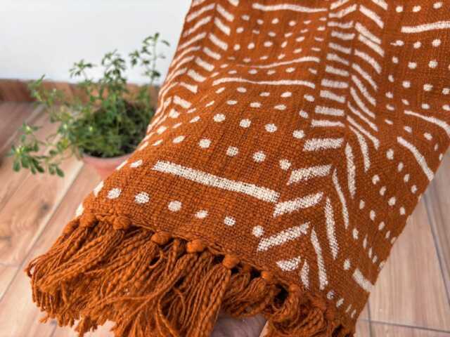 Rust Cotton Throw Blanket Hand Block Printed Mud Cloth With Tassels - image 1