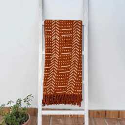 Rust Cotton Throw Blanket Hand Block Printed Mud Cloth With Tassels - thumbnail 3