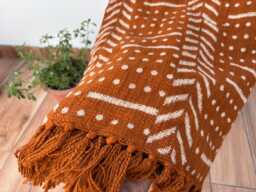 Rust Cotton Throw Blanket Hand Block Printed Mud Cloth With Tassels - thumbnail 1