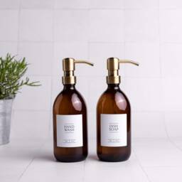 Amber Glass Soap Dispenser Brass Pump, Refillable Bottle - thumbnail 2