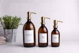 Amber Glass Soap Dispenser Brass Pump, Refillable Bottle - thumbnail 1