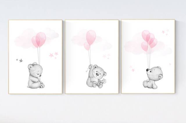 Teddy Bear Nursery Print Pink Balloons, Girl Room Decor - image 1