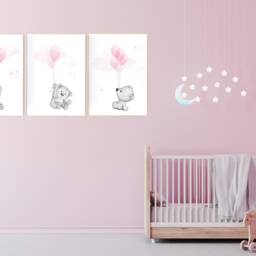 Teddy Bear Nursery Print Pink Balloons, Girl Room Decor - thumbnail 2