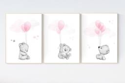 Teddy Bear Nursery Print Pink Balloons, Girl Room Decor - thumbnail 1
